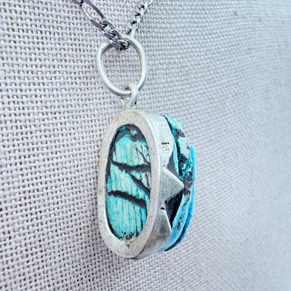 Turquoise Carved Scarab Pendant Necklace Sterling Silver 925 Size 15.5" Length - Picture 5 of 16